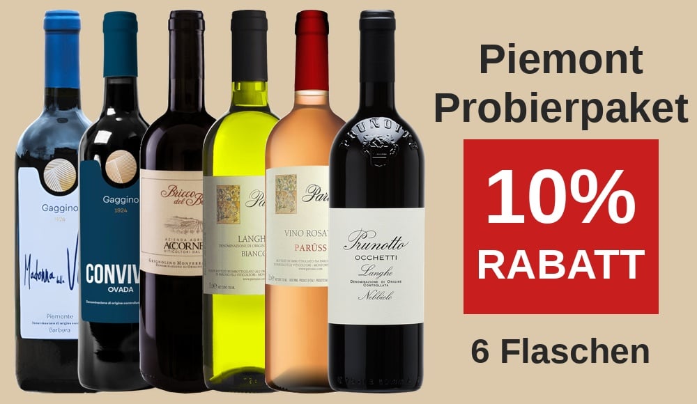 6er Probierpaket Piemont - 1 Barbera Gaggino, 1 Convivio Gaggino, 1 Accornero Bricco del Bosco, 1 Parusso Bianco, 1 Parusso Parüss, 1 Prunotto Occhetti